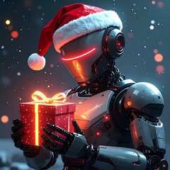 A robot in a Santa hat holds a glowing gift (1)