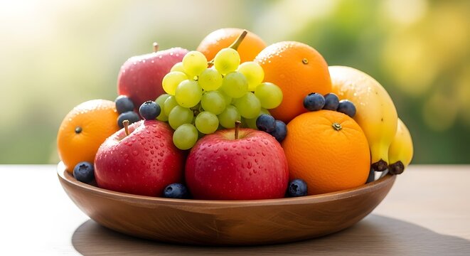 Vibrant still life featuring a wooden bowl overflowing with fresh fruits