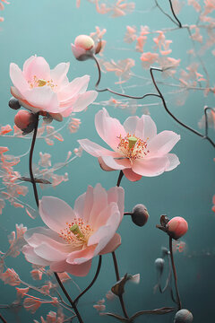 Ethereal Pink Anemone Flowers on a Soft Teal Background