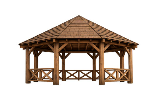 Octagonal wooden gazebo with roof and railings