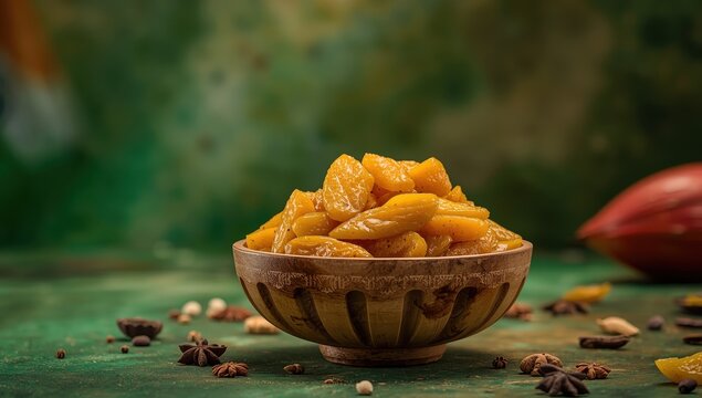Mango pickle, known as Aam Ka Achar, is made from raw sliced green mangoes marinated in mustard oil and spices