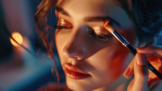 Close-up of a woman applying makeup with an eye shadow brush, showcasing her eyeliner and eyeshadow application.