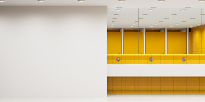 Contemporary bathroom interior with blank white wall and yellow tiled sanitary area, ideal for poster mockup or design template presentation. 3D Rendering
