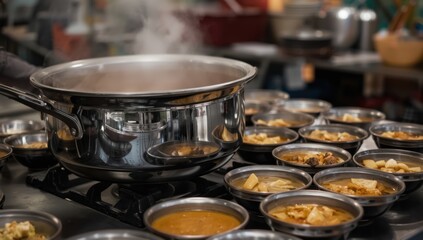Image of a large pot and bowls on a table at a soup kitchen or aid center for refugees, with blank space for text