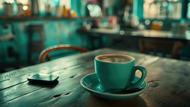 This captures the tranquility of a coffee break in a cozy cafe setting. The cup of coffee sits invitingly on the wooden table, ready for its drinker to savor.