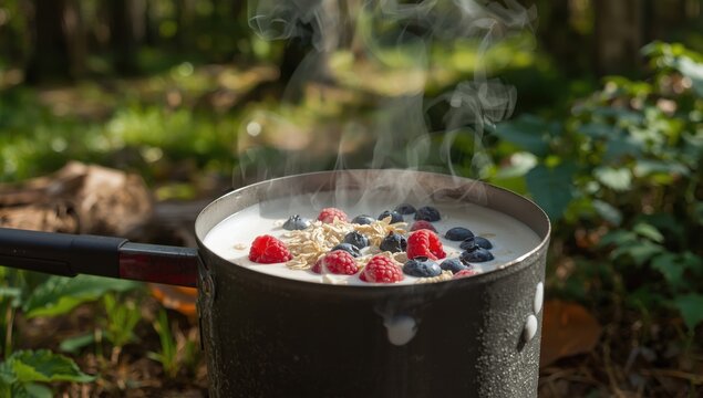 Camping porridge made with oatmeal milk and fresh berries: raspberries and blueberries. Nutritious meal in the wild