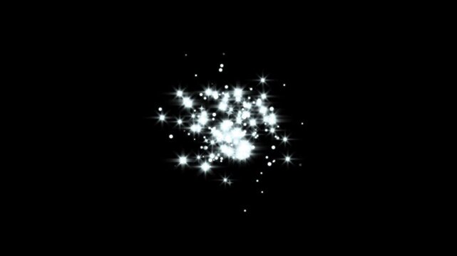 White glowing stars sparkle blinking retro vector star shapes and dots, twinkling starry night sky looping animation, doodle glitter trail twinkle magic dust shimmer particles on black background 4K