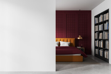 Modern bedroom interior with blank white wall for design mockup and stylish decor including bed, bookshelves, and red accent wall paneling. 3D Rendering © ImageFlow