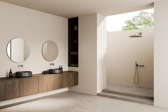 Modern minimal bathroom interior with wood vanity, round mirrors, and open-air shower design in serene neutral tones. 3D Rendering