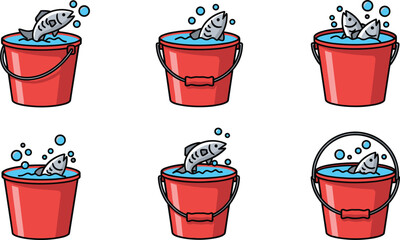 Fish jumping in red bucket filled with water vector illustration set, fresh catch with bubbles isolated on white background. © Afjal12