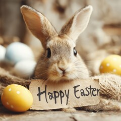 Cute rabbit holding a Happy Easter sign with flowers. Easter greeting card. Young rabbit sitting among yellow flowers with an Easter greeting sign