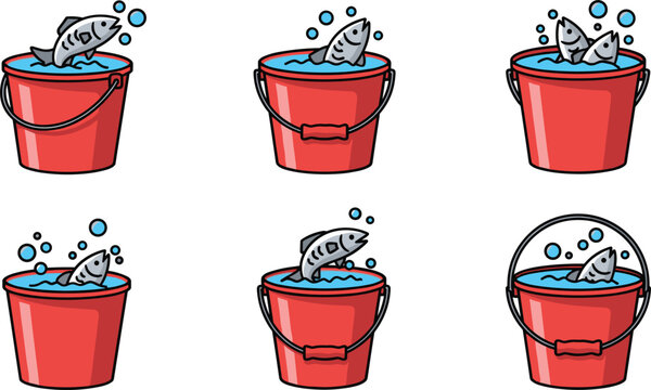 Fish jumping in red bucket filled with water vector illustration set, fresh catch with bubbles isolated on white background.