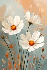 Fototapeta premium Painterly white cosmos flowers on an abstract pastel canvas