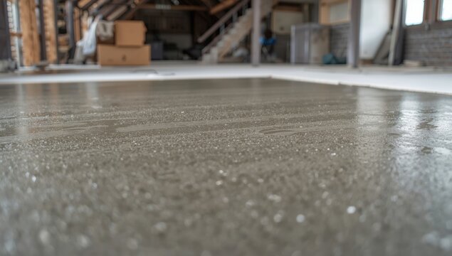 newly set concrete floor slab at a residential loft construction site