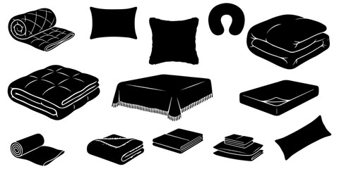 Set of bedding and home textile silhouettes including blankets, pillows, mattresses, and linens isolated on white background © Vladislav