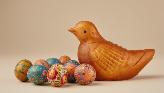 Easter painted eggs and classic Italian dove bread, akin to panettone and pandoro for Christmas