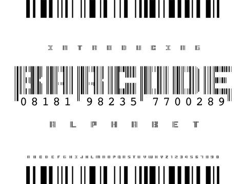 barcode style alphabet design with uppercase and numbers