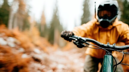 Fototapeta premium An exhilarating scene capturing a mountain biker navigating a rugged trail surrounded by colorful autumn foliage, embodying energy and thrill of outdoor adventures.