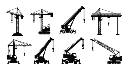 Collection of black silhouette construction cranes and heavy machinery © Nayem
