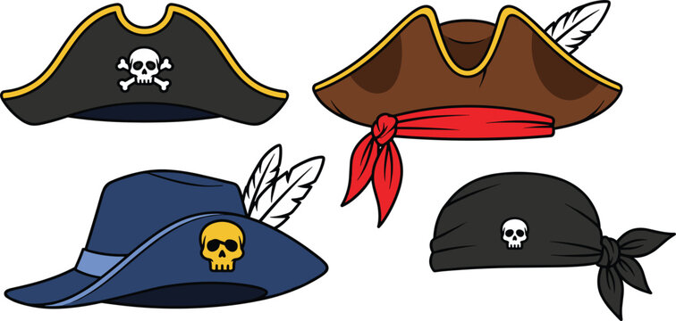 Hand drawn pirate hats and bandana vector illustration set, captain tricorn and skull headwear isolated on white background.