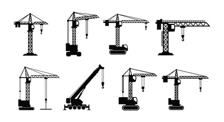 Collection of black silhouette construction cranes and heavy machinery © Nayem