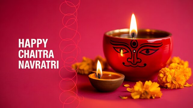 Happy chaitra navratri festival greeting with diya and marigold flowers