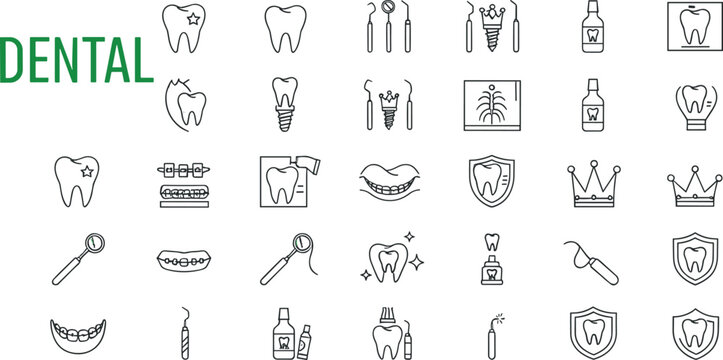 Comprehensive dental and oral care icon set including teeth, implants, braces, hygiene tools in clean line vector style.