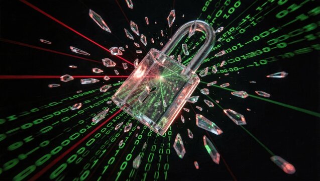Exploding glass padlock shattering with neon binary data streams