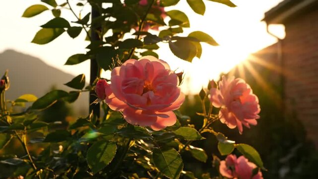 Sunlight filtering through a vibrant pink rose bush, casting a warm golden glow on a beautiful summer evening