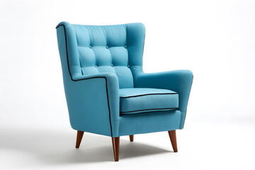 Vintage blue armchair design on a clean white background with wooden legs