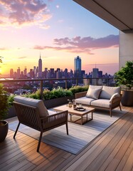 A serene rooftop patio overlooking a city skyline at sunset