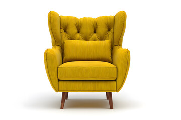 Yellow chair placed in front of a plain background showing tufted design and wooden legs