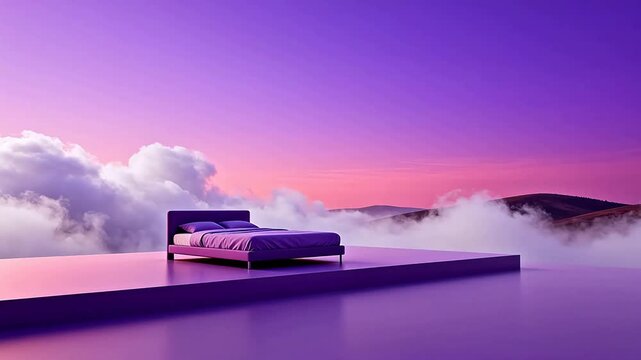 Bed on platform with sky and clouds