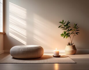 ​a peaceful meditation corner with a stack of soft cushions, a glowing candle, and a lush green plant on a wooden floor, bathed in soft natural sunlight