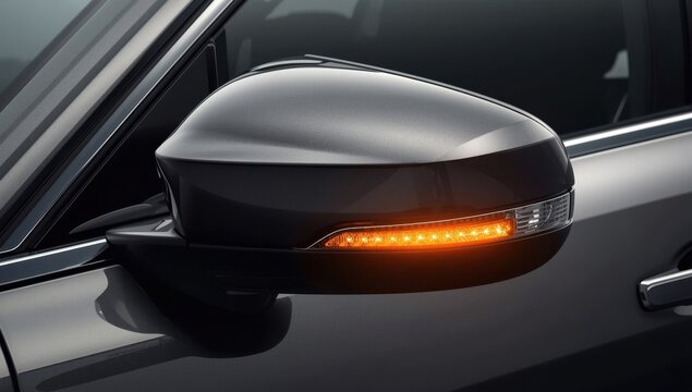 A car's side mirror featuring a glowing orange blind spot alert, shiny black casing, and clear turn signal, on a contemporary vehicle design