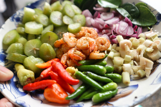 Vibrant Acehnese Sambal Ingredients Prepared Plate Fresh Chilies Shrimp Shallots Lemongrass