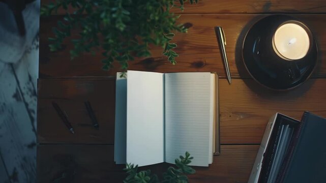 A close-up of an open book with writing on a wooden desk surrounded by greenery.