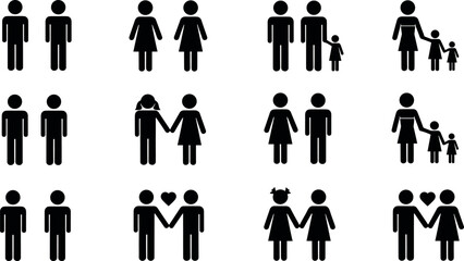 Diverse Set of Icons Representing Different Family Structures Including Same Sex Couples Single Parents And Families With Children Vector Illustration