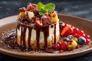 Delicious dessert with mixed berries and chocolate sauce on a brown plate