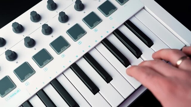 Close-up of a hand playing notes on a compact MIDI keyboard with pads and knobs, showing home studio composing, beatmaking, and digital music workflow.
