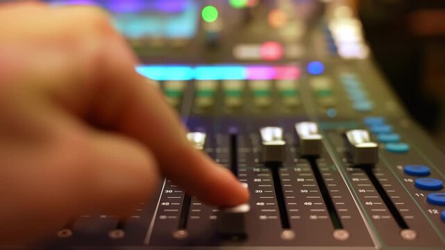 Finger slides a fader down on a digital mixer to turn music down, with colorful LED lights in the background&mdash;perfect for studio, livestream, and live event sound control.