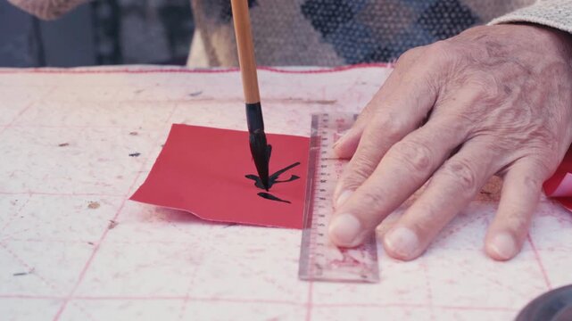 Close up static shot of an elderly person writing Chinese calligraphy with a brush on red paper using a brush aruler as guide on a traditional practice mat indoors with focused and cultural atmosphere