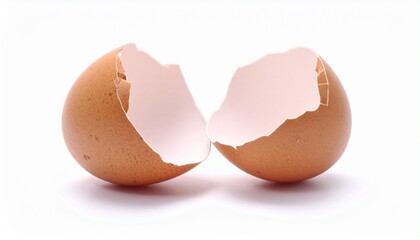 Broken Brown Eggshell Halves on White Background