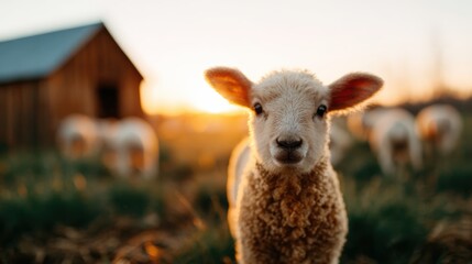 Naklejka premium This heartwarming image features a fluffy lamb set against a warm sunlit backdrop, conveying innocence and the beauty of pastoral life in a serene environment.
