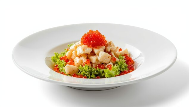 Crab salad topped with red caviar on a restaurant menu, set against a white background