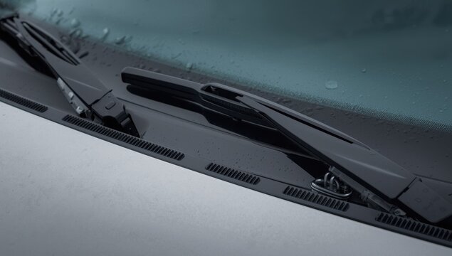 Detailed view of a car's wiper; black rubber blade and arm with a metal spring, set against a blurred hood