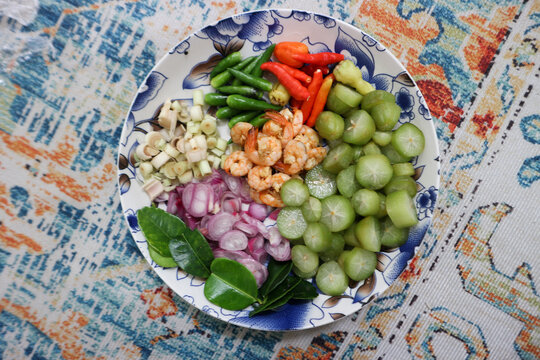 Colorful Acehnese Chili Sauce Ingredients Fresh Shrimp Chilies Lemongrass Shallots Ready to Cook
