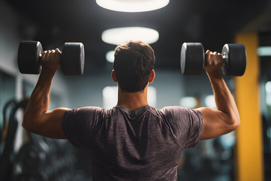 Man lifts dumbbells in gym during workout session for strength training after working hours in evening