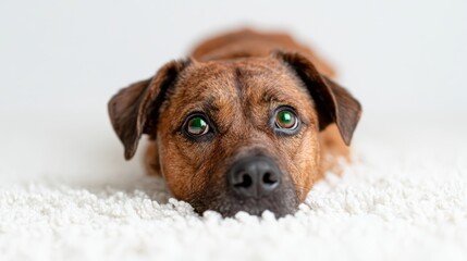 Fototapeta na wymiar This charming image features a sweet brown dog resting on a fluffy white carpet, showcasing the comfort and companionship pets provide in a warm home environment.