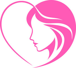 Elegant silhouette of a woman with flowing hair, incorporated within a heart shape, rendered in a vibrant pink vector design, ideal for beauty, love, and feminine wellness concepts.
